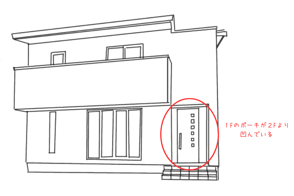 ２階より１階ポーチを凹ませると、坪数に含まれる